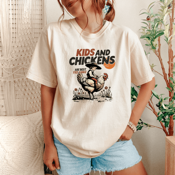 Funny farm graphic tee with vintage western chicken lover vibes.