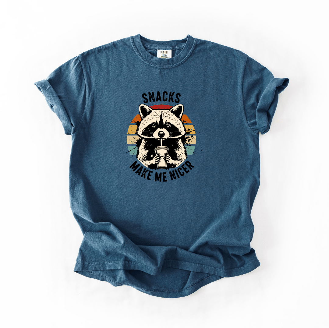 Snacks Make Me Nicer Raccoon Graphic Tee Funny Vintage Animal Shirt