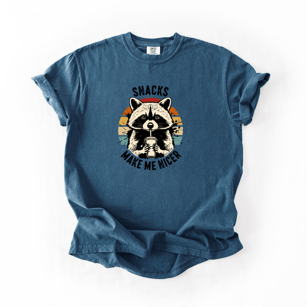 Snacks Make Me Nicer Raccoon Graphic Tee Funny Vintage Animal Shirt